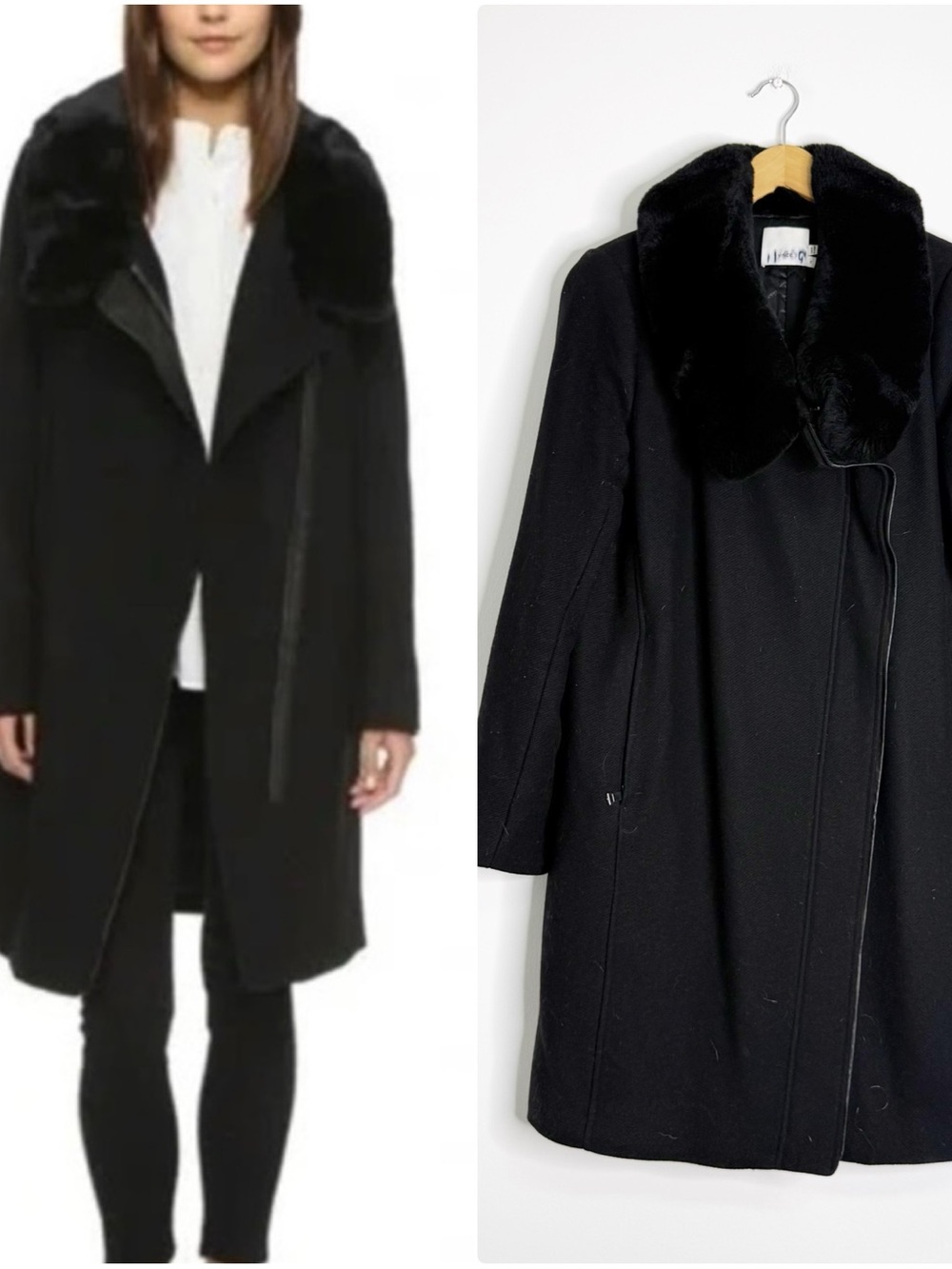 Vince Black Wool Coat Rabbit Fur Collar Leather Trim Size Medium